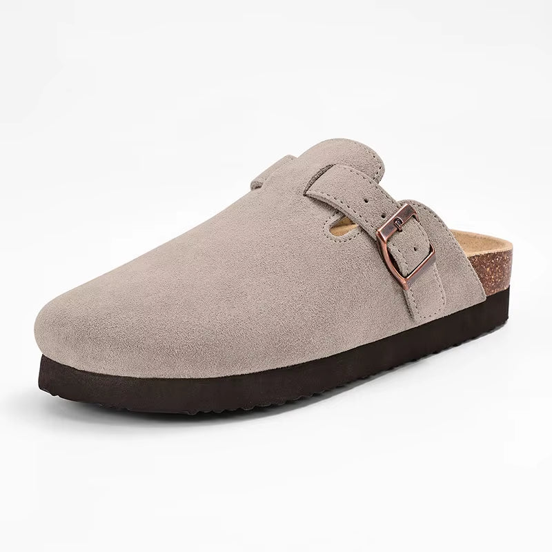 Women'S Suede Clogs with Arch Support Retro Leather Flat Mules Lady Cork Footbed Sandals Unisex Classic Clogs Slippers