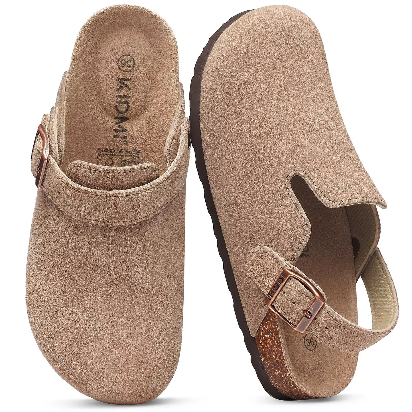 Women'S Suede Clogs with Arch Support Retro Leather Flat Mules Lady Cork Footbed Sandals Unisex Classic Clogs Slippers