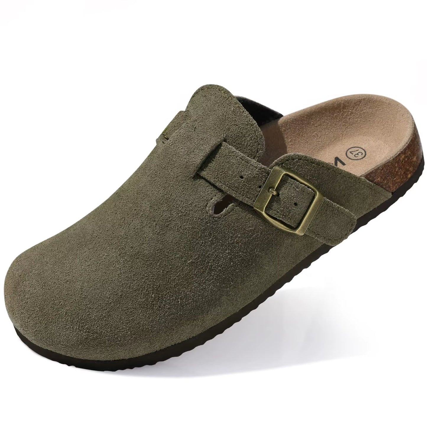 Women'S Suede Clogs with Arch Support Retro Leather Flat Mules Lady Cork Footbed Sandals Unisex Classic Clogs Slippers