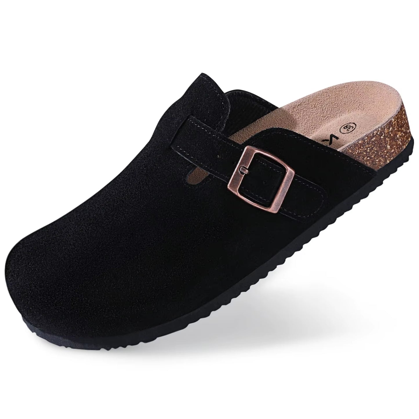 Women'S Suede Clogs with Arch Support Retro Leather Flat Mules Lady Cork Footbed Sandals Unisex Classic Clogs Slippers