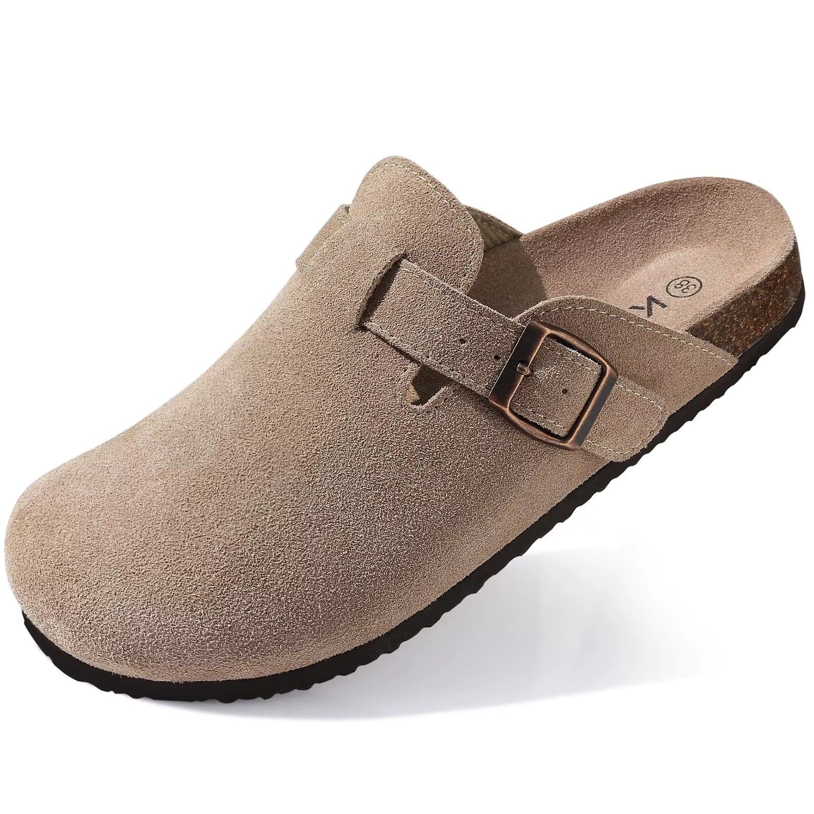 Women'S Suede Clogs with Arch Support Retro Leather Flat Mules Lady Cork Footbed Sandals Unisex Classic Clogs Slippers