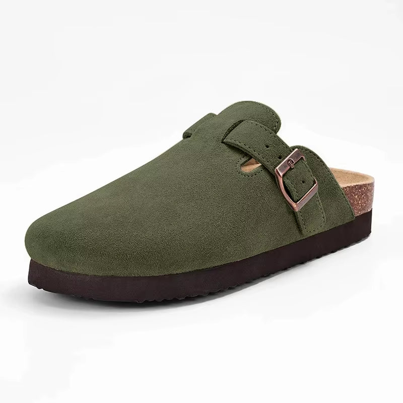 Women'S Suede Clogs with Arch Support Retro Leather Flat Mules Lady Cork Footbed Sandals Unisex Classic Clogs Slippers