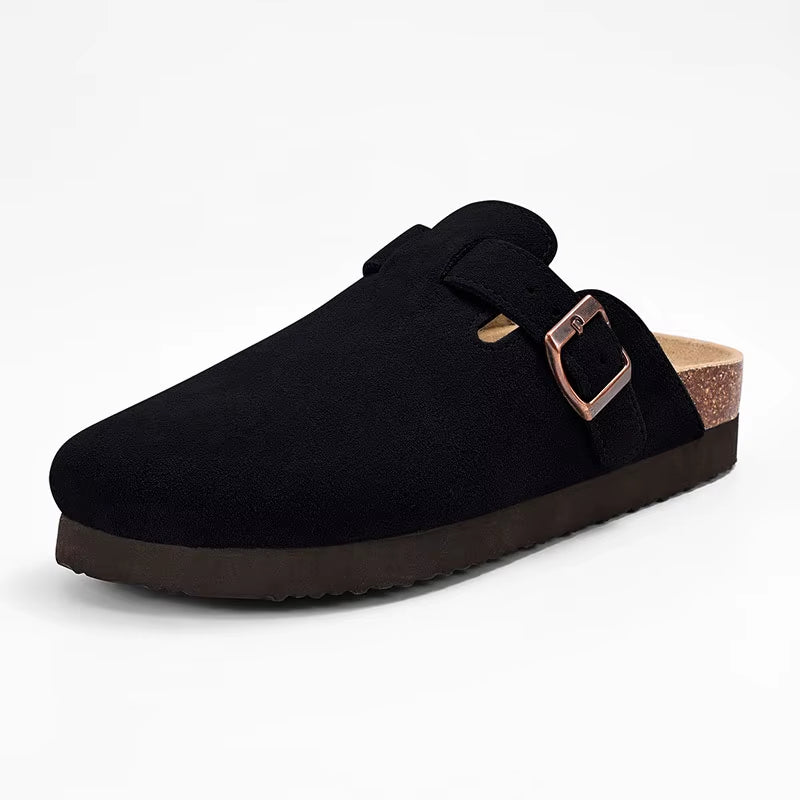 Women'S Suede Clogs with Arch Support Retro Leather Flat Mules Lady Cork Footbed Sandals Unisex Classic Clogs Slippers