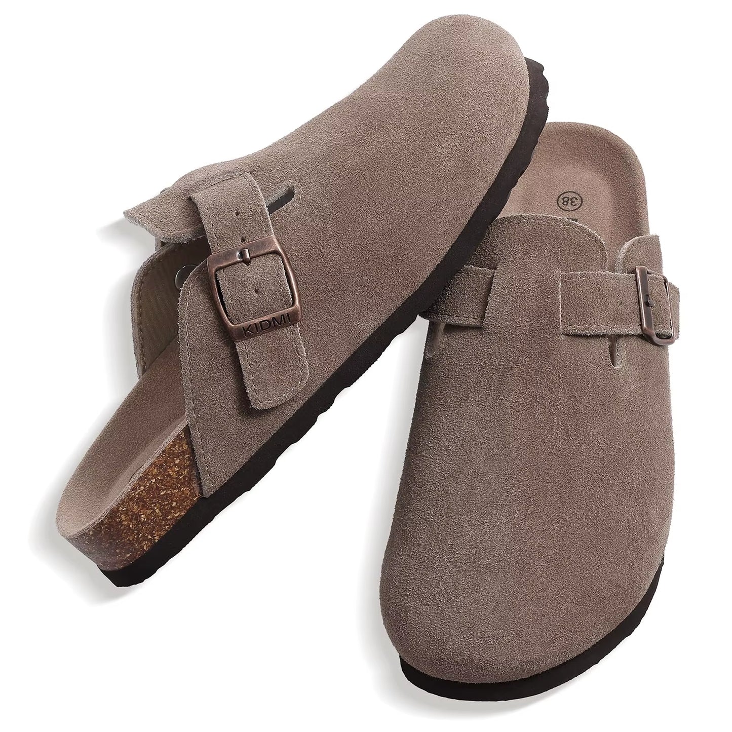 Women'S Suede Clogs with Arch Support Retro Leather Flat Mules Lady Cork Footbed Sandals Unisex Classic Clogs Slippers