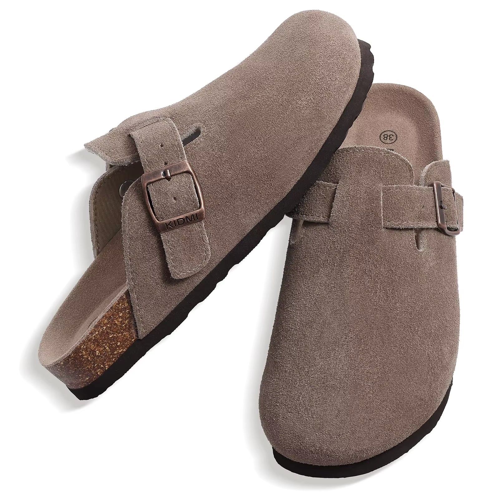 Women'S Suede Clogs with Arch Support Retro Leather Flat Mules Lady Cork Footbed Sandals Unisex Classic Clogs Slippers