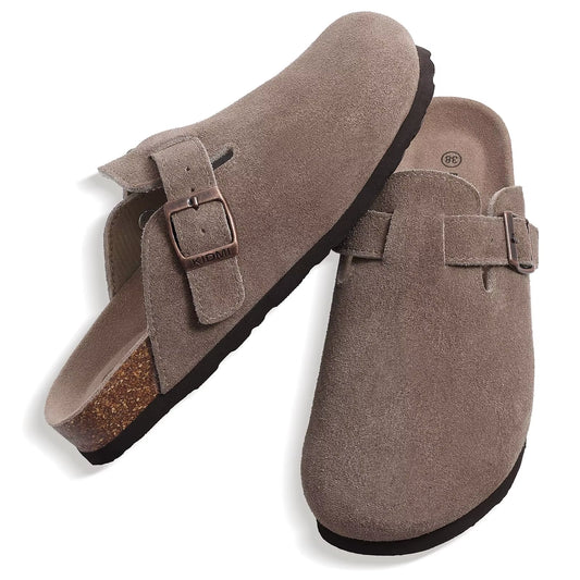 Women'S Suede Clogs with Arch Support Retro Leather Flat Mules Lady Cork Footbed Sandals Unisex Classic Clogs Slippers