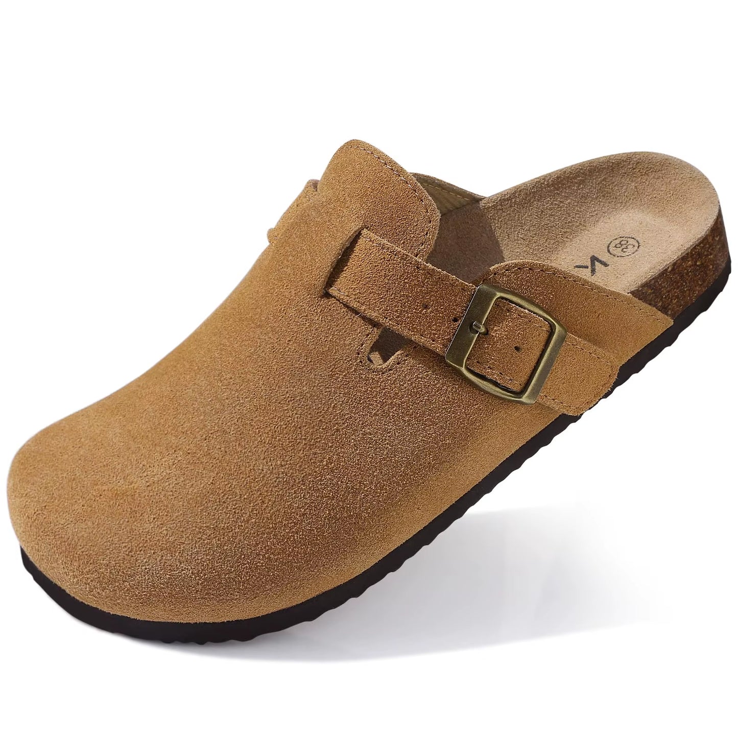 Women'S Suede Clogs with Arch Support Retro Leather Flat Mules Lady Cork Footbed Sandals Unisex Classic Clogs Slippers