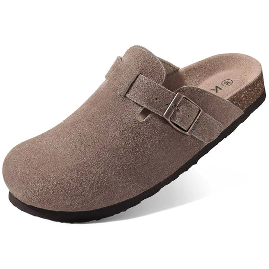 Women'S Suede Clogs with Arch Support Retro Leather Flat Mules Lady Cork Footbed Sandals Unisex Classic Clogs Slippers
